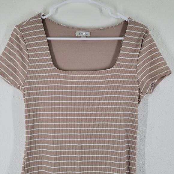 Faded Rose Midi Dress Womens Large Tan White Strip Side Slit Classic Bodycon - Picture 2 of 9